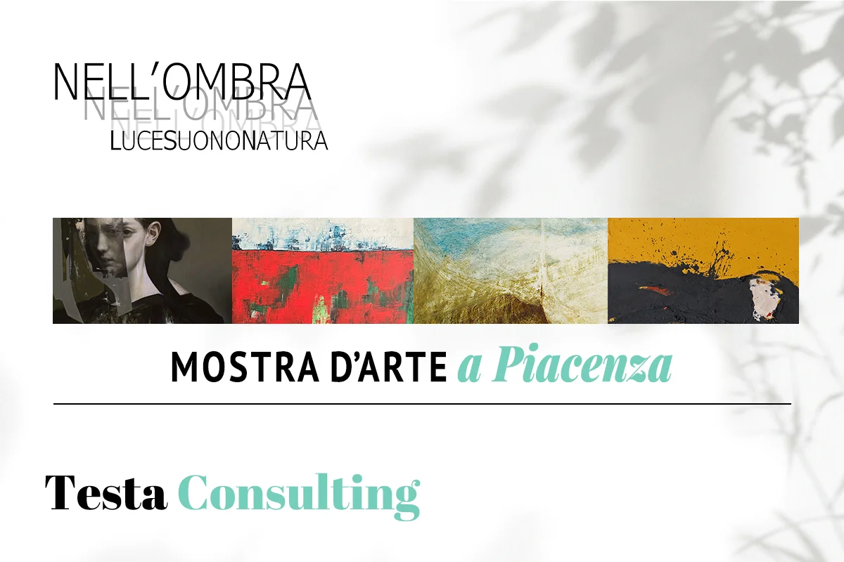 Locandina mostra d'arte 'L'OMBRA ESUONONATURA' a Piacenza, con quattro opere astratte e testi dell'evento.